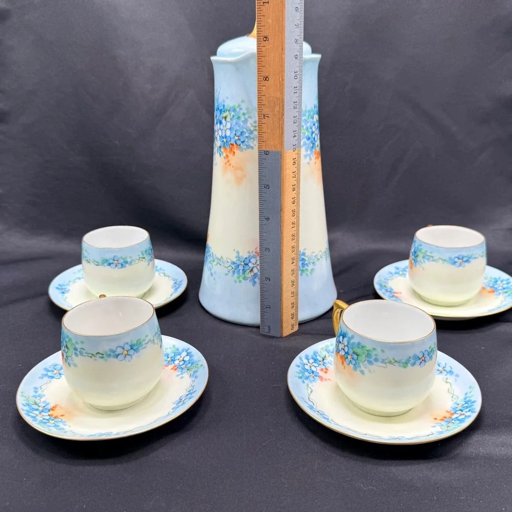 Vintage Porcelain Chocolate Pot Set Blue Floral Gold Gilt 4 Cups and Saucers